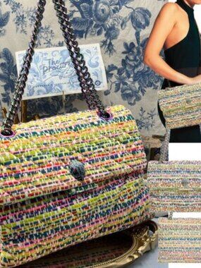 🆕 KURT GEIGER LONDON 🧿 NWOT Large Tweed Kensington, Multicolour Rainbow Woven